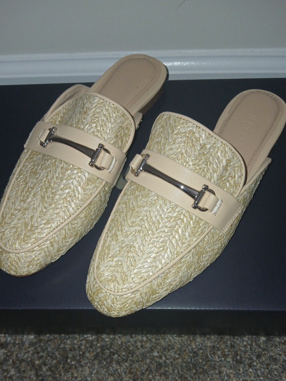 JustFab Cream Straw-Texture Slip-On Mules with Metal Bit